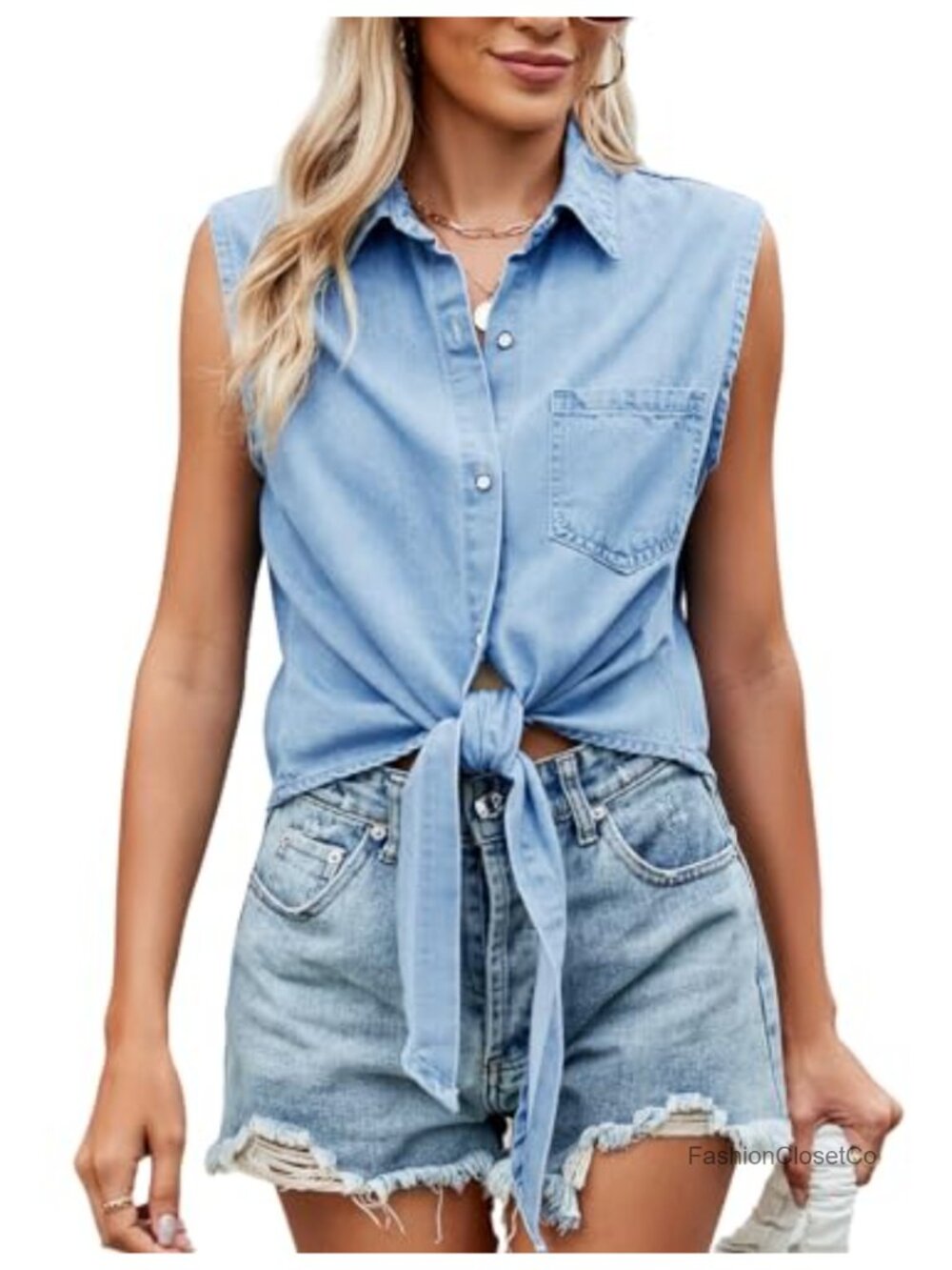 Sleeveless Button Down Tie Front Chambray Top Summer